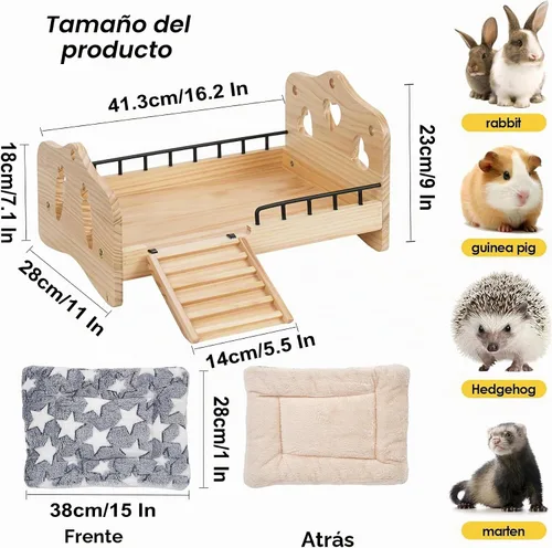 Vista 3 de Cama de madera para conejos, 2 en 1 Cama para conejos y cobayas Desmontable Cama para animales pequeños con escaleras Estera reversible lavable