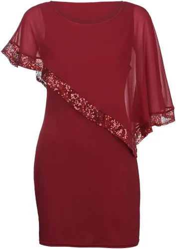Vista 5 de Vestido de lentejuelas asimétrico de gasa sin tirantes para mujer, talla grande, con hombros descubiertos y lentejuelas
