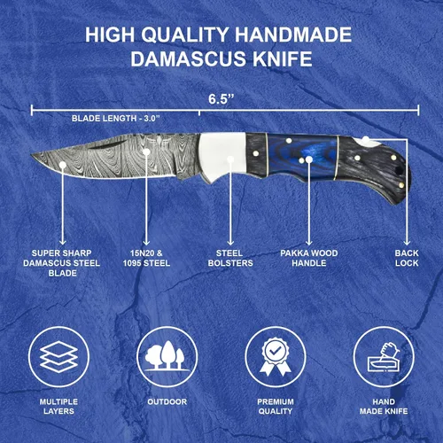 Vista 3 de Cuchillo de bolsillo de damasco Lara Eagle para hombres - Cuchillo plegable de caza de 133 capas de acero sólido hecho a mano con afilador y funda