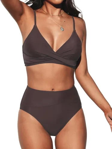 Vista 43 de CUPSHE Conjunto de bikini de dos piezas con cuello en V y cintura alta para Negro/Verde