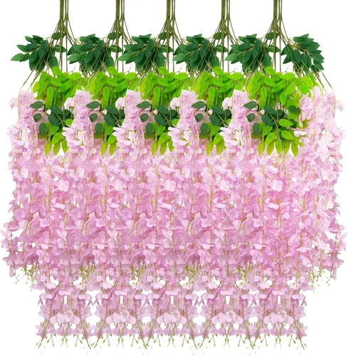 Vista 62 de Paquete de 5 guirnaldas de flores colgantes de glicina rosa, enredaderas de flores artificiales de 3.77 pies, glicinia falsa, guirnalda colgante