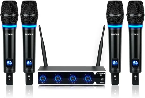 Vista 9 de Sistema de Micrófono Inalámbrico Recargable ZERFUN Pro de 4 Canales, Micrófonos Inalámbricos de Mano UHF de Metal con Control de Volumen, 4x50