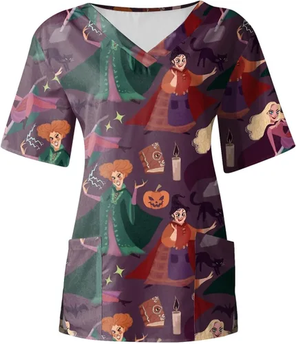 Vista 2 de Halloween Scrubs Print Scrub Tops for Women Breathable Pumpkin Bat Ghost Skull Pattern V-Neck Tee Tops with Pockets