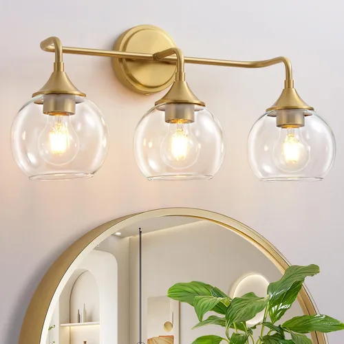 Vista 16 de Lámpara de Tocador de Baño Dorada con Pantalla de Vidrio Transparente, Base E26, Luminarias de Baño de 2 Luces Sobre Espejo, Luces de Tocador de 14
