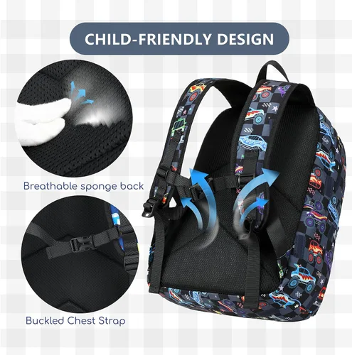 Vista 6 de CAMTOP Mochila para niños y niñas, mochilas preescolares con lonchera, juego de mochila escolar para jardín de infantes (vehículo negro a cuadros)