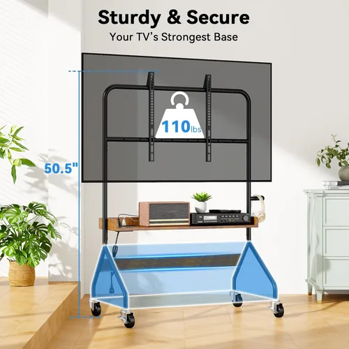 Vista 5 de Soporte de TV rodante con toma de corriente, carrito de TV móvil para pantalla de TV de 32 a 75 pulgadas de hasta 110 libras, soporte de TV portátil