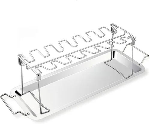 Vista 7 de Triceratops Estante para patas y alas de pollo, 14 ranuras para baquetas de pollo para barbacoa, soporte de acero inoxidable para ahumador, horno