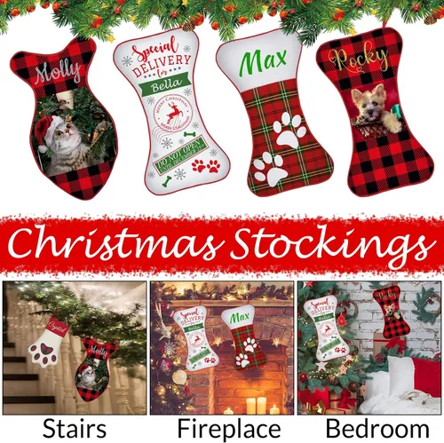 Vista 5 de Calcetines de Navidad personalizados con foto de nombre, medias personalizadas en forma de hueso para perros, gatos, mascotas, medias de Navidad