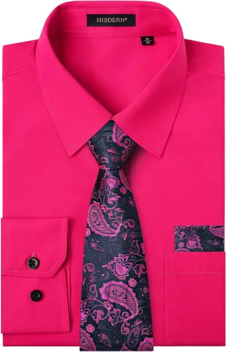 Vista 10 de HISDERN Mens Dress Shirt with Tie Pocket Square Set Classic Button Down Shirt Matching Tie Long Sleeve Shirts 08-verde