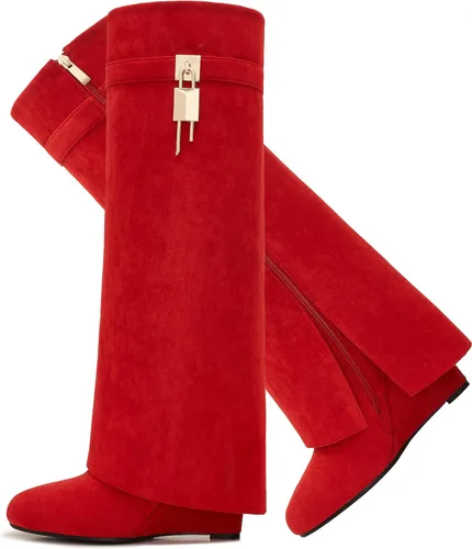 Vista 14 de Botas plegables puntiagudas con tacón de cuña para mujer, botas hasta la rodilla con diseño de candado y cremallera lateral Beige