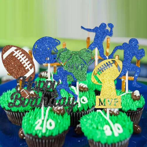 Vista 6 de 24 decoraciones de fiesta de fútbol con purpurina para cupcakes, decoración de fiesta de cumpleaños, decoración de pastel de rugby para jugadores