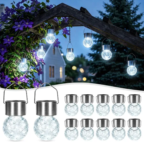 Vista 10 de Solpex Luces solares colgantes al aire libre, paquete de 8 luces decorativas de bola de vidrio agrietado, iluminación solar impermeable, luces