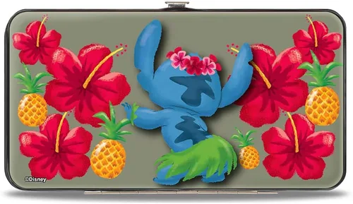 Vista 2 de Cartera con bisagras Punto Hula Pose delantero Trasero Hibisco Flores Piñas Gris
