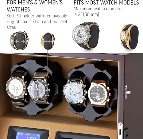 Vista 4 de Enrollador de 4 relojes con espacio de almacenamiento de 5 relojes, pantalla LCD, control táctil y luz