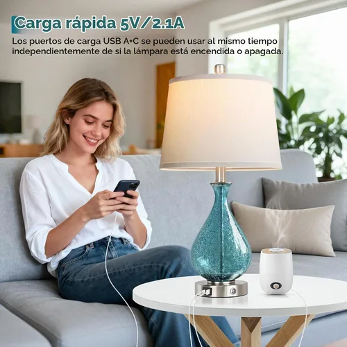 Vista 5 de QiMH Juego de 2 lámparas de noche, lámparas de mesa de cristal azul