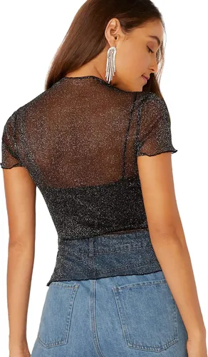 Vista 2 de SheIn - Blusa de manga corta con brillantina malla transparente y ribete de lechuga para mujer