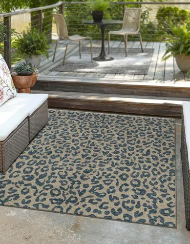 Vista 33 de Unique Loom colección Outdoor Safari Alfombra para exteriores - Leopardo (13' redonda, azul/gris)