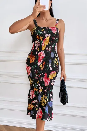 Vista 4 de PRETTYGARDEN - Vestido veraniego floral para mujer, por debajo de la rodilla, ajustado, sin mangas, con tirantes delgados y dobladillo con volados