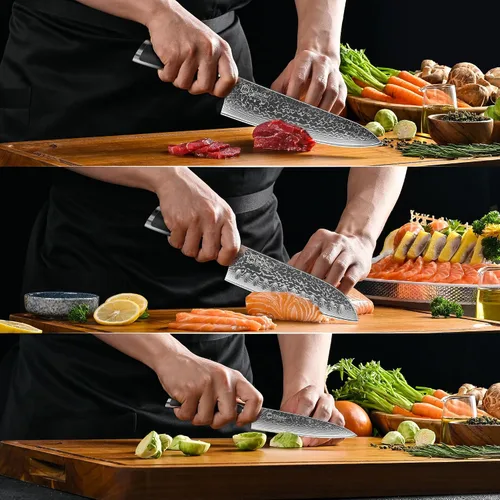 Vista 6 de Sunnecko Juego de Cuchillos de Cocina Damascus de 3 Piezas, Juego de Cuchillos de Chef Afilados Juegos de Cuchillos de Cocina Profesionales Full