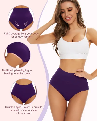 Vista 2 de Sunm Boutique Ropa interior de algodón para mujer, de cintura alta, cobertura completa, bragas, talla grande, paquete de 3457