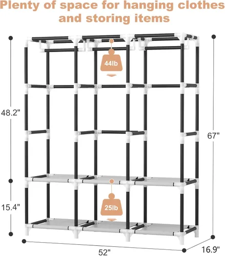 Vista 3 de VTRIN Armario portátil para colgar ropa con cubierta, 3 varillas colgantes, 6 estantes de almacenamiento y bolsillo lateral, Tubo de metal