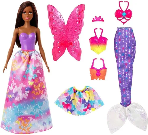 Vista 3 de Barbie Dreamtopia Dress Up Doll Set de regalo, aprox. 12 pulgadas, morena con 3 modas