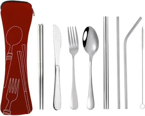 Vista 6 de Hoshen Cuchillo de acero inoxidable, tenedor, cuchara, palillos, vajilla de paja, juego de ocho piezas de vajilla occidental, cuchillo y tenedor