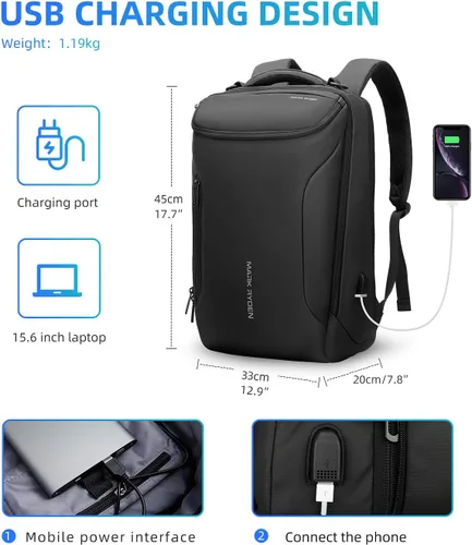Vista 6 de Mozee - Mochila de negocios, bolsa impermeable para viajes y vuelos, compatible con laptops de 17.3 pulgadas con enchufe de carga USB