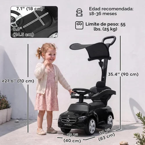Vista 9 de Qaba Auto de empuje 4 en 1 para niños pequeños con licencia Mercedes-Benz Negro