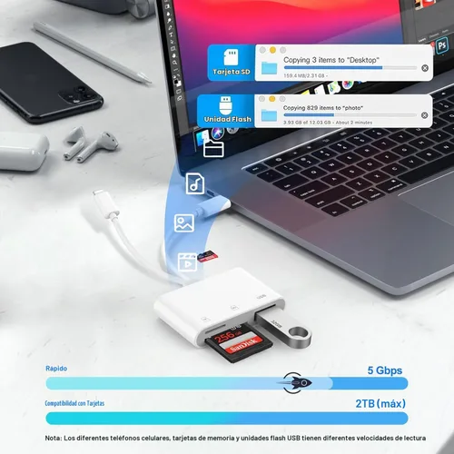 Vista 4 de Lector de tarjetas SD para iPhone, iPad, adaptador de tarjeta SD USB C Lightning de doble puerto, lector de tarjetas de memoria para adaptador