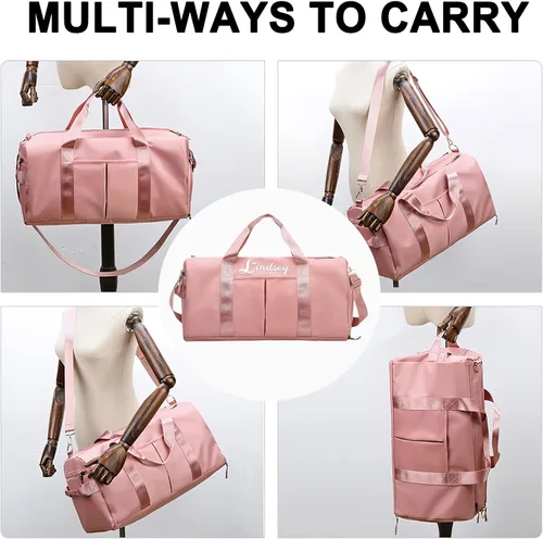 Vista 6 de Bolsa de lona personalizada rosa personalizada gimnasio viaje bolsa deportiva nombre bordado seco húmedo bolsas separadas regalo de dama de honor