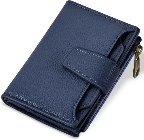 Vista 26 de Airkit Cartera para mujer, pequeña cartera de cuero para mujer, plegable, compacta, con bloqueo RFID, tarjetero de crédito, mini bolso de viaje