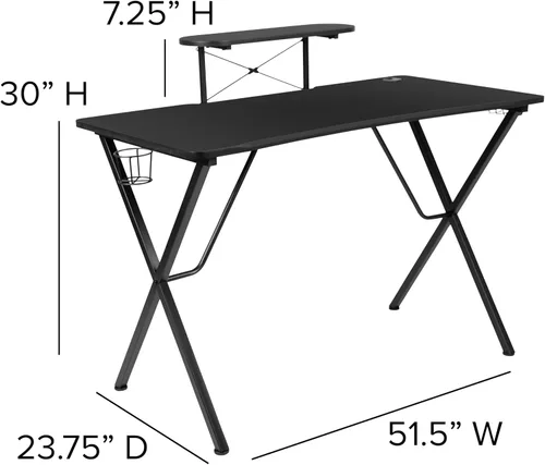 Vista 6 de Flash Furniture Juego de escritorio para juegos negro y silla de carreras blanco/negro con soporte para tazas, gancho para auriculares y soporte