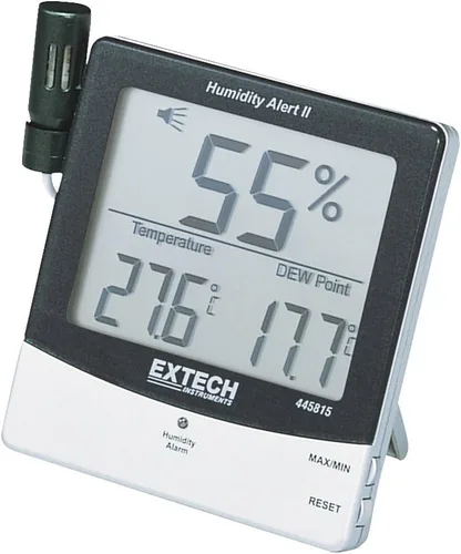 Vista 3 de Extech 445814 - Higrotermómetro de alerta de humedad con punto de rocío, monitor digital de humedad interior, alarmas visuales y audibles