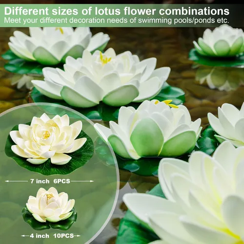 Vista 3 de 16 flores flotantes artificiales para piscina, 7 y 4 pulgadas, almohadillas de lirio de agua falsas, flores de loto, decoraciones flotantes