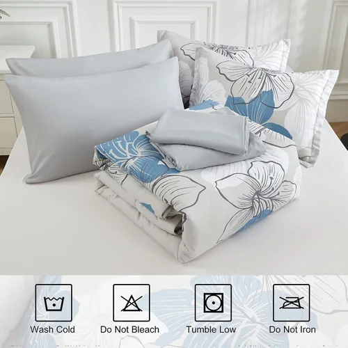 Vista 7 de Luxudecor Juego de edredón floral tamaño individual, 6 piezas de cama en una bolsa, edredón floral azul y juego de sábanas, juego de ropa de cama