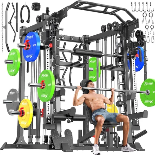 Vista 17 de XGSW Smith Machine Gimnasio en casa, jaula de potencia multifunción con sistema cruzado de cable de polea doble, estante para sentadillas