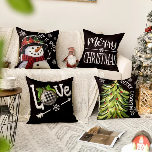 Vista 2 de AVOIN colorlife - Juego de 4 fundas de cojín con diseño de muñeco de nieve, árbol de Navidad y texto "Merry Christmas, Let It Snow, Love" en negro