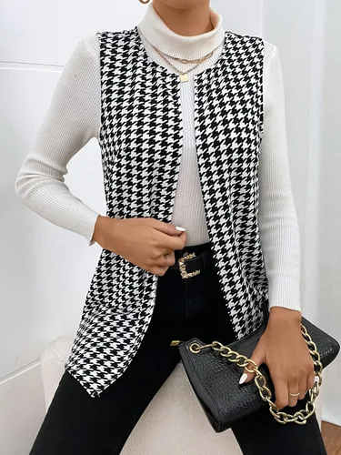 Vista 3 de WDIRARA Chaleco elegante sin mangas con pata de gallo abierto para mujer, abrigo largo