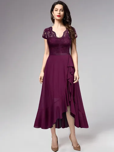 Vista 4 de Miusol - Vestido largo elegante para mujer, con volantes, encaje y cuello en V, ideal para damas de honor