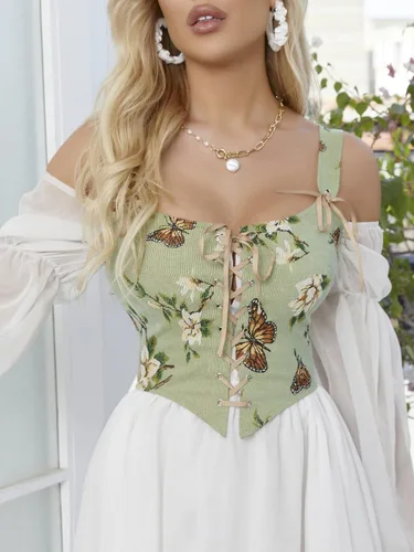 Vista 4 de WDIRARA Corsé sin mangas con estampado floral de mariposas para mujer