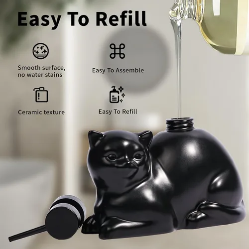 Vista 3 de Dispensador de jabón con forma de gato negro, dispensador de jabón de cerámica divertido, aceite esencial recargable de 15 onzas, dispensador