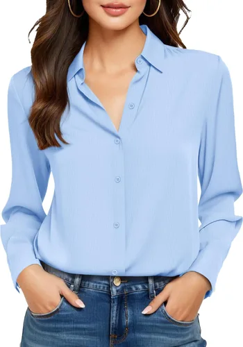 Vista 17 de Camisas sin planchado y sin arrugas para mujer, con botones, de manga larga, de seda de morera, blusas casuales para el trabajo