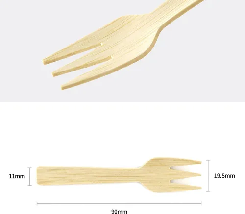 Vista 2 de Utensilios de bambú 200PK Mini tenedores de bambú 3.54 pulgadas desechables pequeños 100% biodegradables compostables cubiertos cubiertos