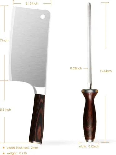 Vista 5 de Cuchillo de carnicero profesional de acero inoxidable 7CR17MOV de 7 pulgadas, mango ergonómico de madera de Pakka con afilador de cuchillos
