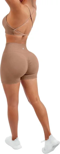 Vista 4 de SUUKSESS Conjuntos de entrenamiento sin costuras para mujer, sujetador deportivo con tiras y cintura alta, pantalones cortos