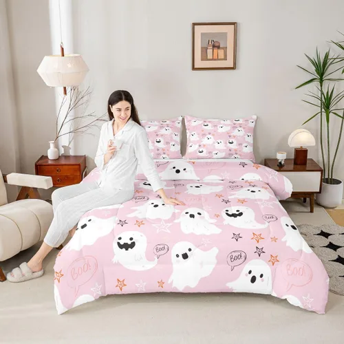 Vista 5 de Feelyou Juego de edredón de Halloween, color rosa fantasma, juego de ropa de cama tamaño individual, decoración para niños y niñas, lindo juego