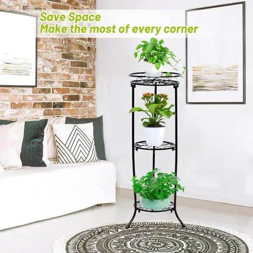 Vista 2 de FAMZ Soporte para plantas para interiores y exteriores, 3 niveles de alto, soportes de metal negro para plantas, estante redondo de 35 pulgadas
