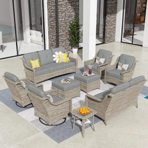 Vista 64 de HOOOWOOO Sofá de patio de 3 plazas de mimbre para exteriores, resistente a todo tipo de clima, con respaldo alto, muebles a juego (beige y bronceado)