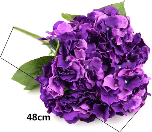 Vista 5 de Ramo de flores artificiales de seda de hortensias moradas profundas 5 cabezas grandes decoración del hogar